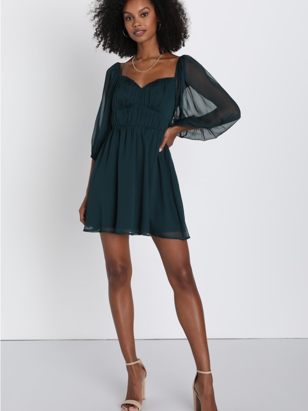 Lulu's Forest Teal Sweetheart Mini Dress with Sheer Bishop Sleeves size XS NEW